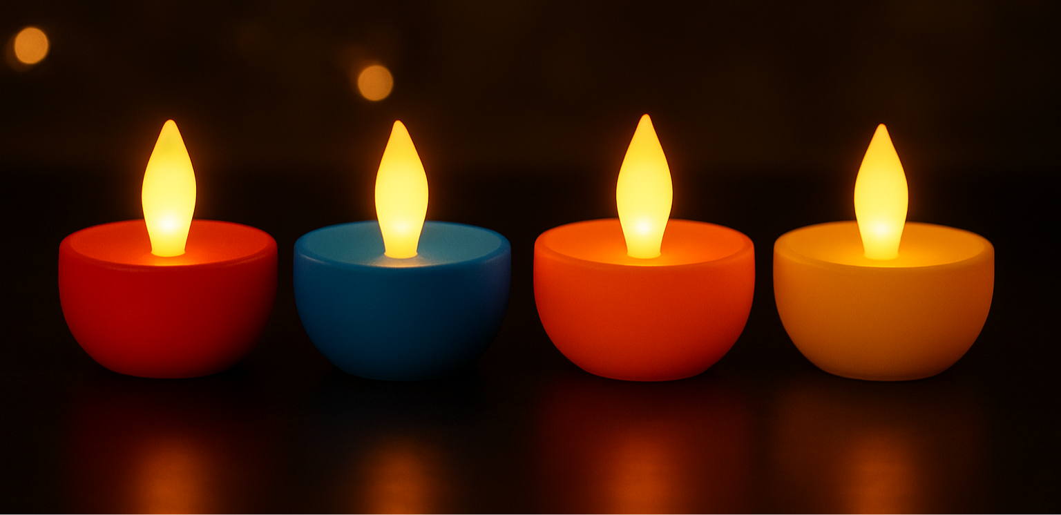 Four LED light water sensor diyas in red, blue, orange, and yellow on a dark background.